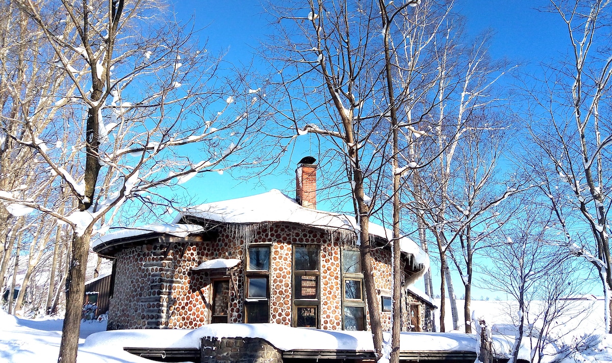 The unique cottage is framed by snow-covered trees and features an organic curved design. A brick chimney rises from the roof, while large windows are visible, allowing natural light to enter. The clear blue sky serves as a backdrop, creating a serene winter atmosphere.