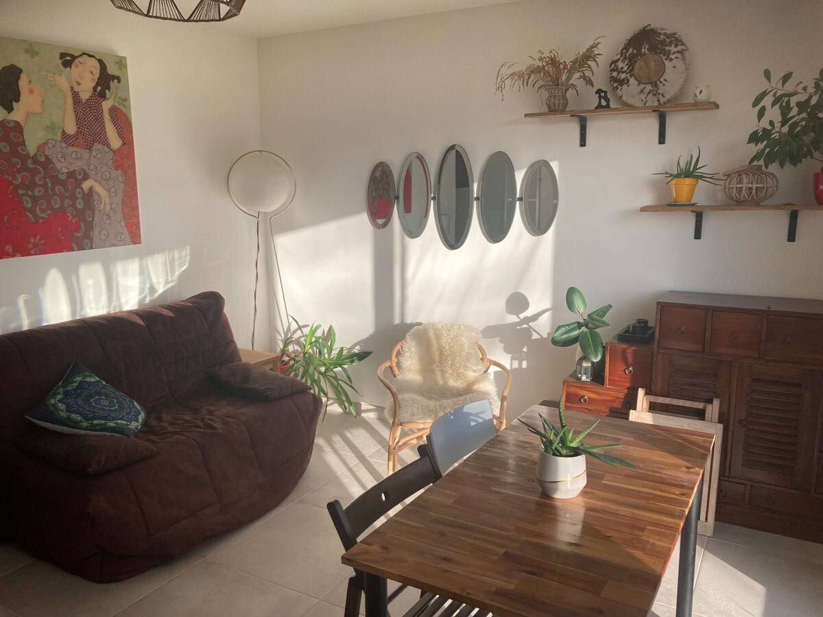 A comfortable living area is highlighted, featuring a brown sectional sofa and a wooden dining table. Several round mirrors adorn the wall, accompanied by decorative plants on shelves. A warm light filters through, casting gentle shadows across the space.