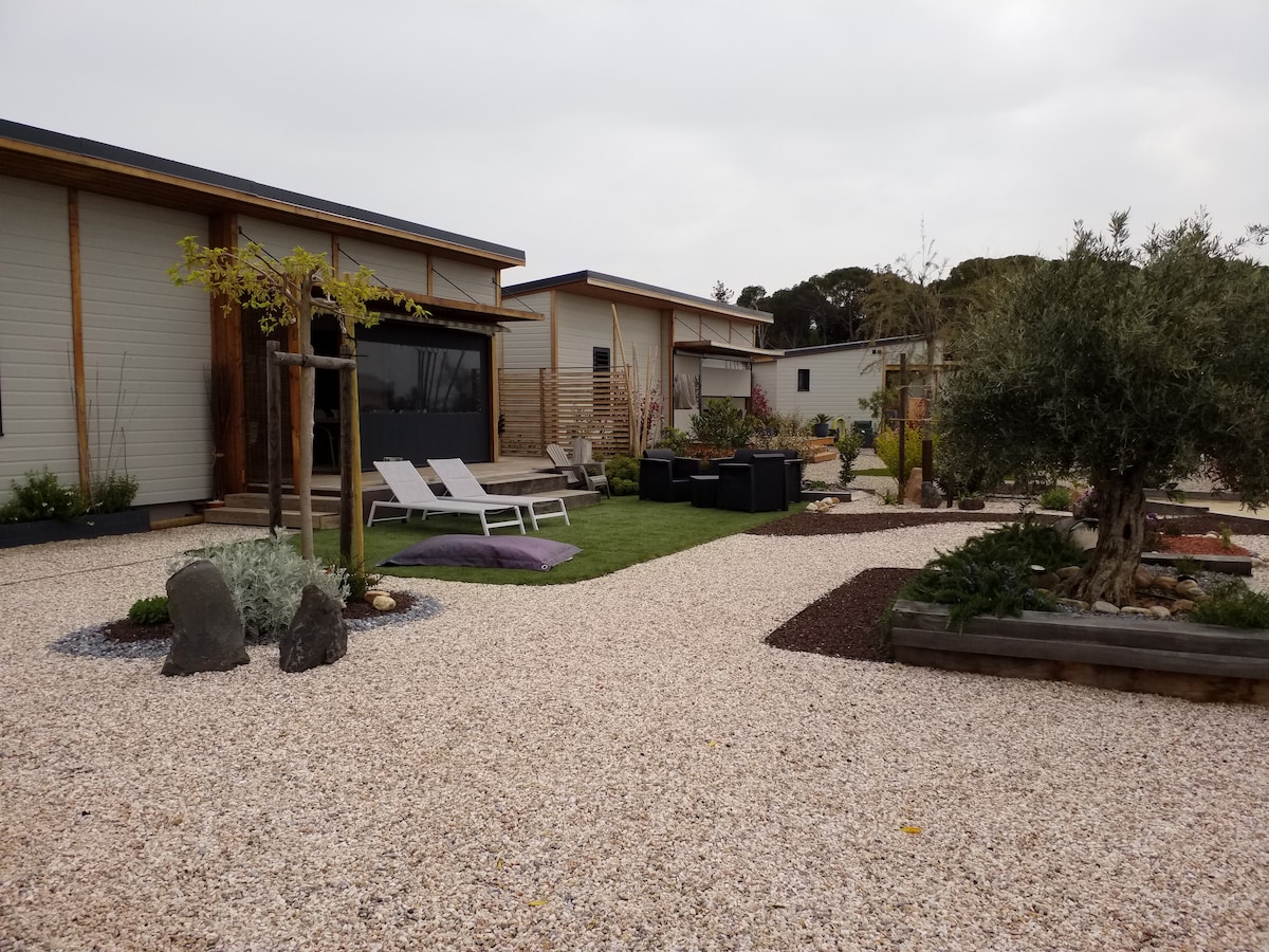A landscaped outdoor area features a blend of gravel and greenery. Lounge seating is arranged alongside a grassy patch, complemented by decorative rocks and plants. The modern design of the cottages is visible in the background, creating a harmonious setting for relaxation.