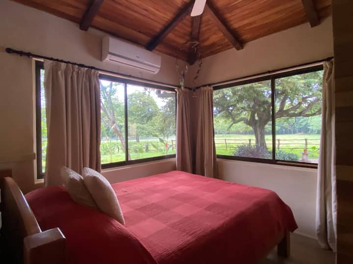 Красива първа спалня с климатик и вентилатор, с невероятна гледка към личния ви басейн, предната част на градината ни и ливадата с коне