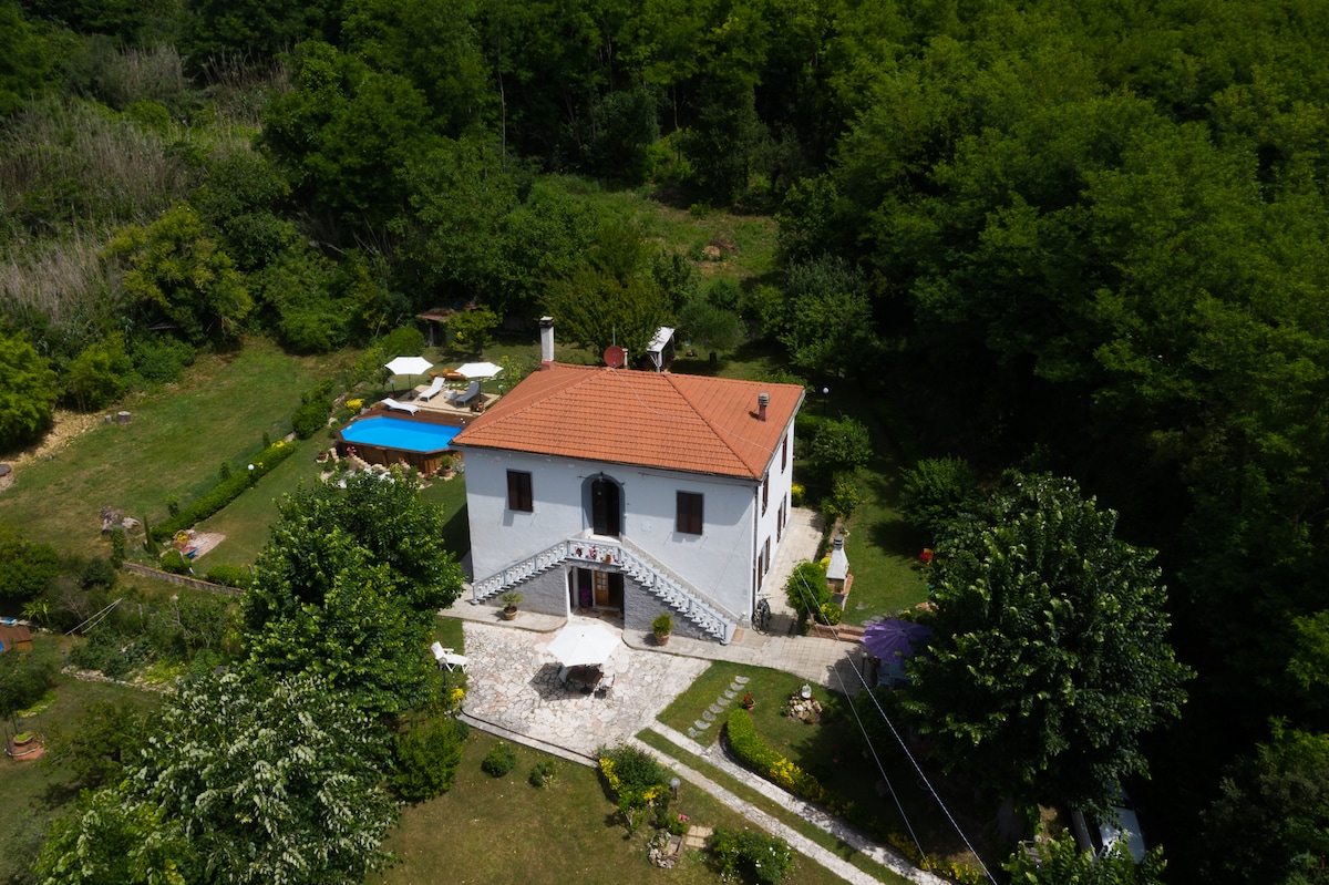The villa is surrounded by lush greenery, featuring a well-maintained garden and outdoor spaces. A large pool and sun loungers are visible in the background, along with a stone staircase leading to the entrance. The landscape is serene and inviting.