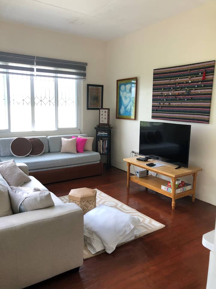 Სატელევიზიო ოთახი, რომელიც გარდაიქმნება საძინებლად 2 სრული ზომის გასაშლელი დივნით