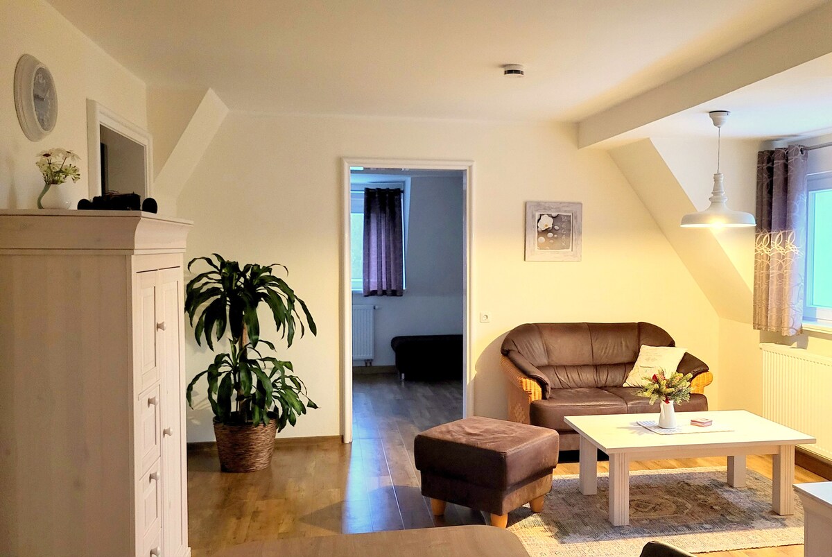 A spacious living area features a leather couch and a coffee table at its center. A tall plant in a decorative pot adds greenery. A light fixture hangs above, and natural light enters through a window, complemented by light curtains. A doorway leads to another room.