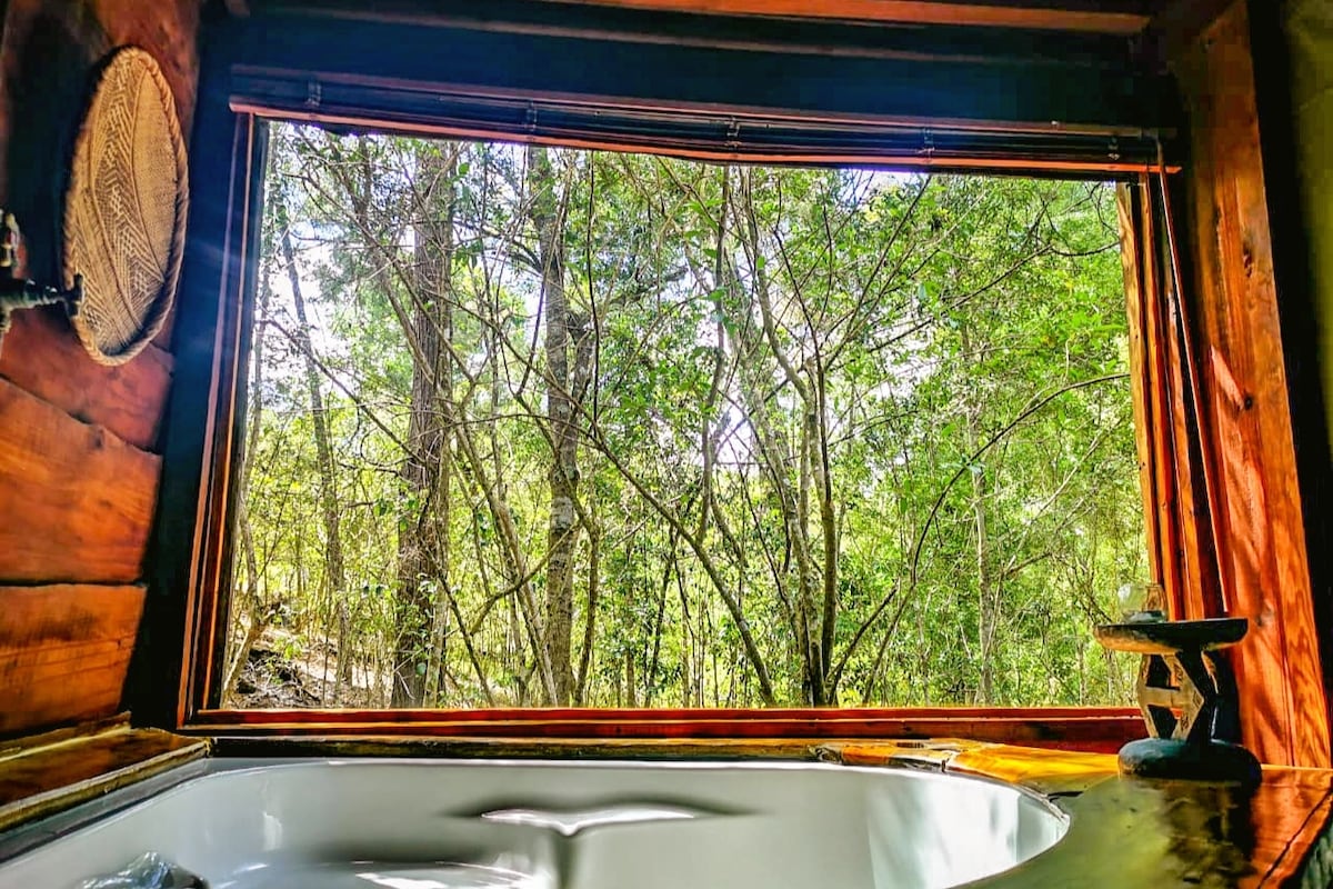 A spacious spa bath is positioned near a large window, offering a view of dense trees and lush foliage. Natural light filters in, enhancing the serene surroundings, while wooden accents complement the earthy atmosphere of the bathroom.