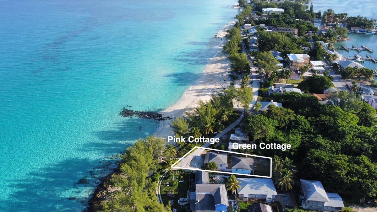 An aerial view of Alice Town showcases two cottages, the pink cottage and the green cottage, set against a backdrop of turquoise waters and a sandy beach. Lush greenery and local architecture are visible, with the coastline stretching along the horizon.