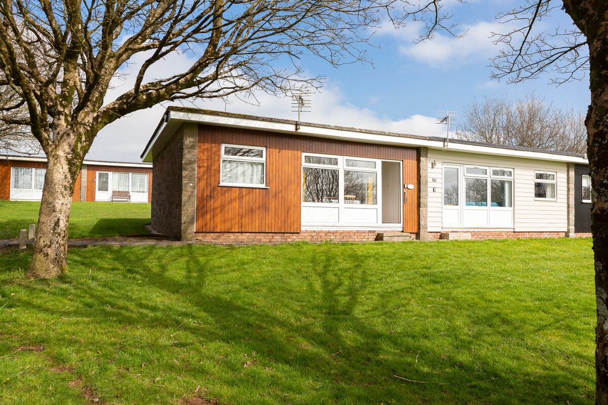 A single-story chalet is set against a backdrop of green grass and trees. The exterior features a combination of wood and light-colored siding, with large windows providing ample natural light. The pathway leads to a welcoming entrance, with additional chalets visible in the distance.