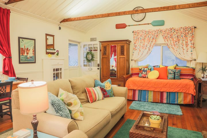 Удобна и пријатна дневна соба со плакар за складирање, дневен кревет, проверена влезна врата, високи тавани и оригинални изложени греди.