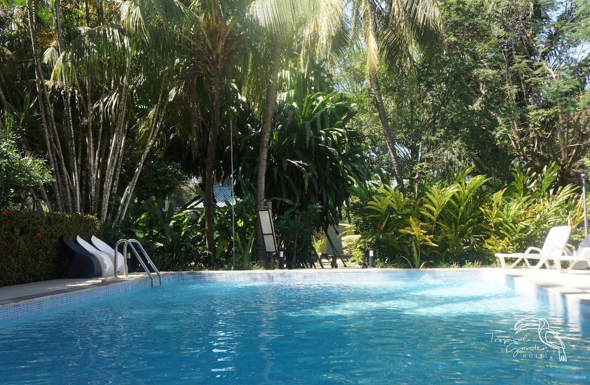 A refreshing outdoor pool is surrounded by lush tropical landscaping, including palm trees and vibrant greenery. Lounge chairs are positioned nearby, inviting relaxation in this serene environment. The clear blue water glistens under the sunlight, enhancing the peaceful atmosphere.