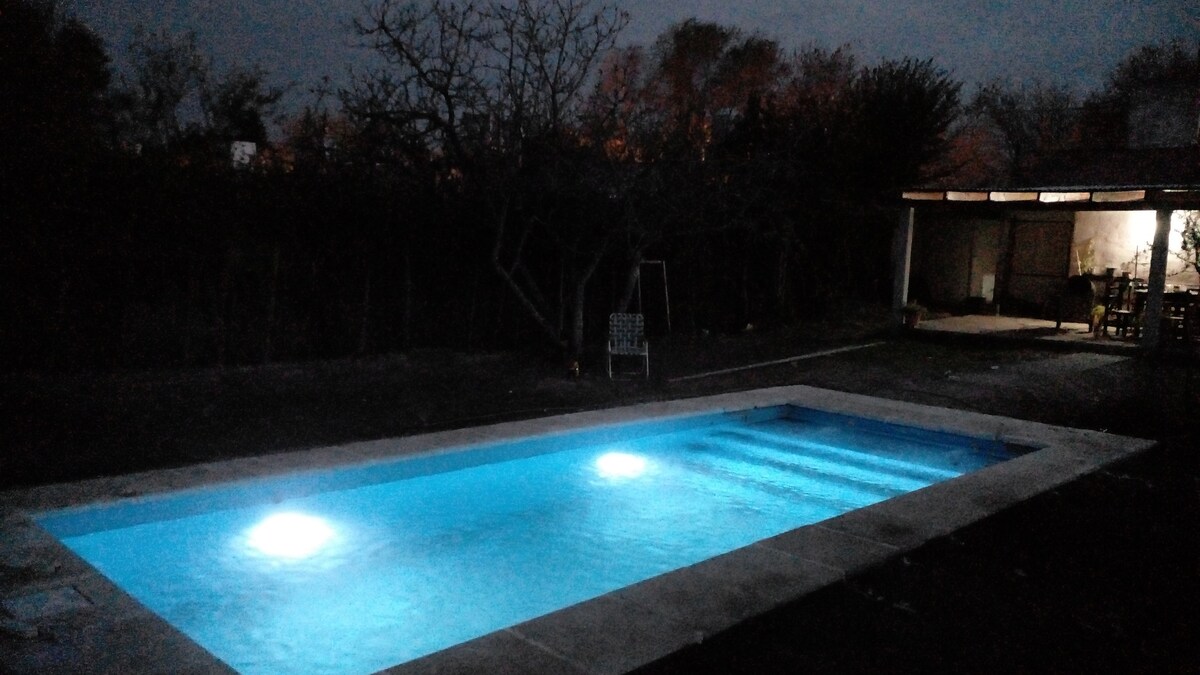 A tranquil swimming pool is illuminated by soft blue lights, contrasting with the dark surroundings. Nearby, a covered area features a table and chairs, providing an inviting space for relaxation. Trees frame the scene, enhancing the natural ambiance.