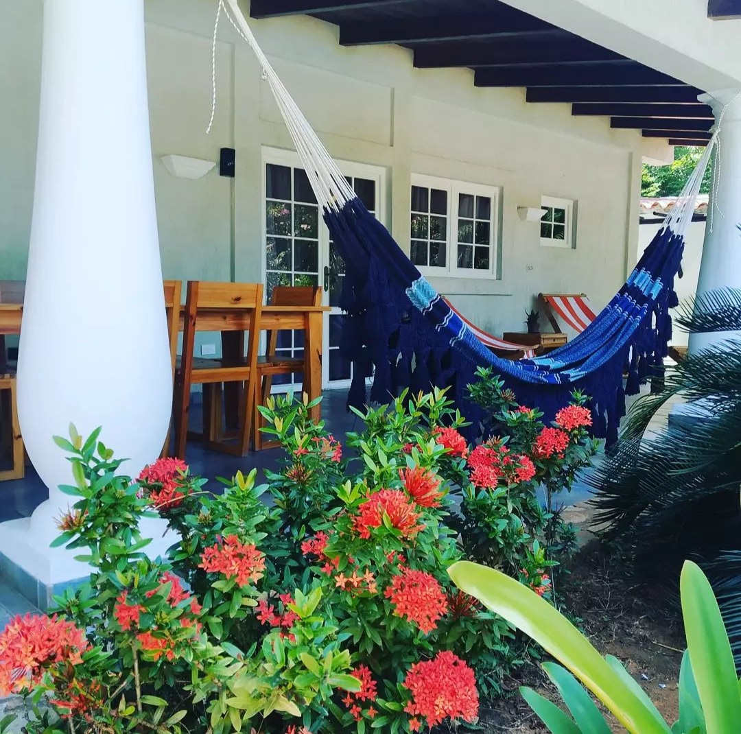 A relaxing outdoor space features a blue hammock suspended beneath a shaded porch. Surrounding the hammock, vibrant flowers provide a pop of color, while wooden dining chairs are arranged nearby, contributing to a tranquil atmosphere for leisure and enjoyment.