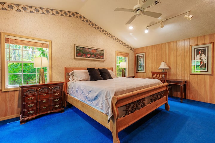 带书桌的特大号卧室。景观。