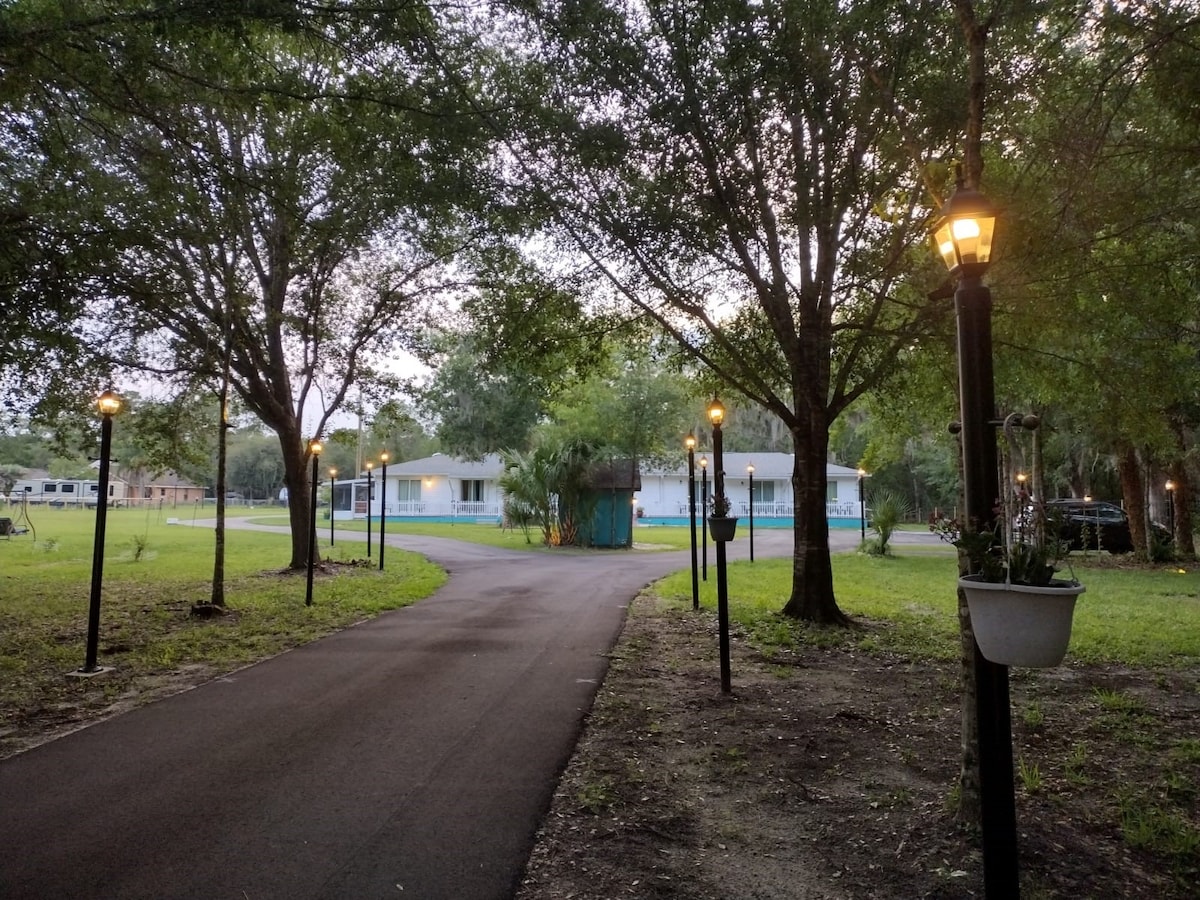 A winding pathway is flanked by lampposts, casting soft light in the evening shadows. Lush greenery surrounds the path, leading to a spacious house with a pool area visible in the background, partially concealed by trees.