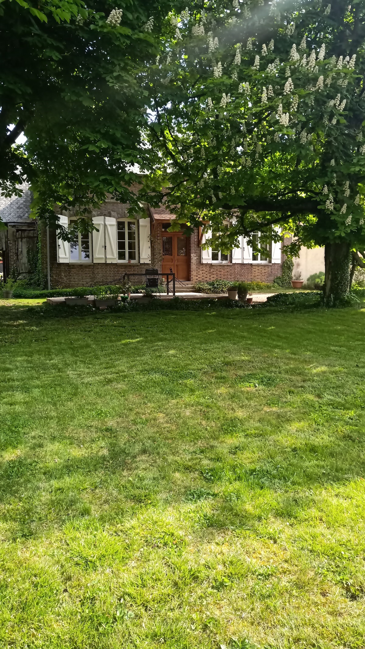 The charming house, typical of the late 19th century, is nestled in a spacious green lawn shaded by large chestnut trees. Windows adorned with shutters create a welcoming facade. A small seating area is visible in front, providing a serene spot to relax outdoors.