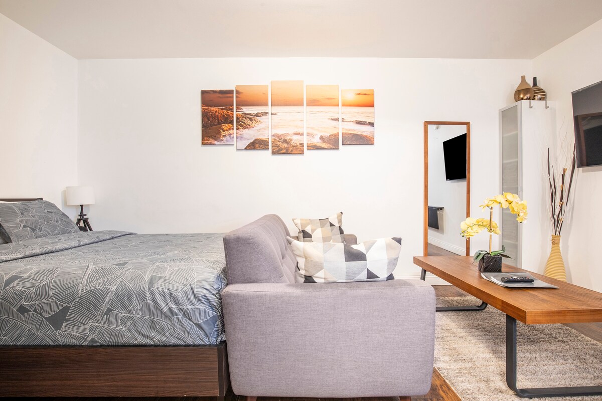 A inviting studio space features a comfortable queen bed adorned with a patterned blanket. A small couch with geometric cushions sits adjacent to a coffee table. Wall art of a tranquil beach scene enhances the atmosphere, complemented by a full-length mirror and a mounted television.