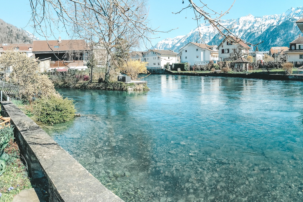 The image features the Aare river flowing gently, surrounded by greenery and a stone pathway. Snow-capped mountains are visible in the background, creating a serene landscape. Residential buildings line the riverbank, enhancing the tranquil atmosphere of the area.