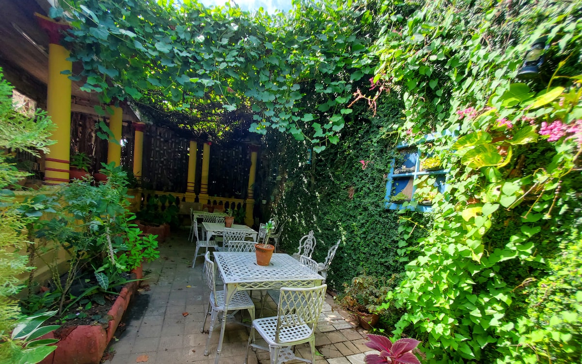 A serene garden area is surrounded by lush greenery, featuring small white metal tables with chairs. A potted plant sits on one table, while sunlight filters through the foliage above, creating a tranquil and inviting atmosphere for relaxation.