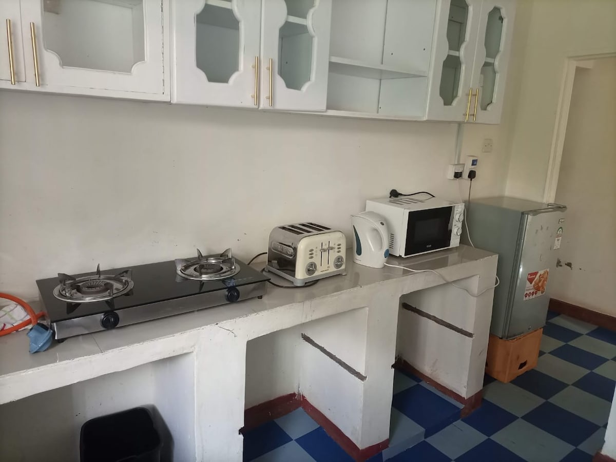 The kitchen features a gas stove, toaster, and microwave arranged on the countertop. Below, a refrigerator is visible, alongside storage cabinets with glass doors. The floor is tiled in a blue and white checkerboard pattern, creating a clean and functional cooking space.