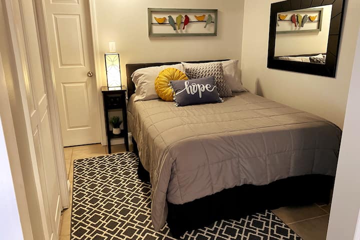 The smaller bedroom has a full size bed with a memory foam topper.  