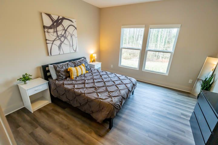 带Roku智能电视的标准双人床卧室 