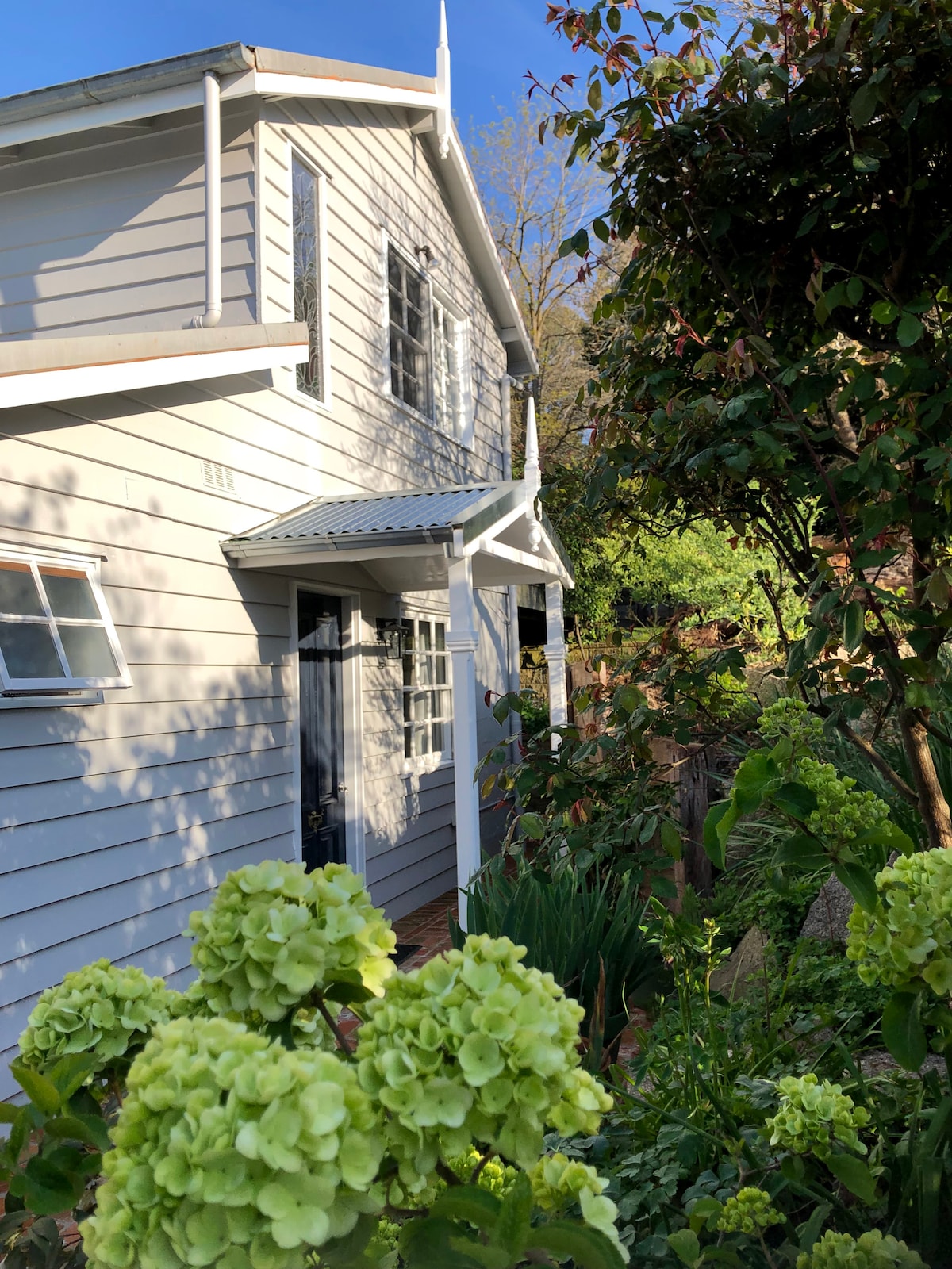 The cottage exterior features a modern design with light-colored siding and multiple windows. Lush greenery surrounds the entrance, highlighted by blooming hydrangeas in shades of green. A clear blue sky is visible above, enhancing the peaceful garden ambiance.