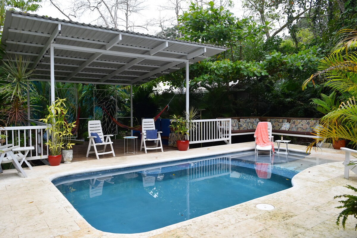 A covered outdoor area features a saltwater pool surrounded by tropical greenery. White lounge chairs are positioned next to the water, while a vibrant hammock and a cushioned seating area provide cozy spots to relax. Soft lighting enhances the peaceful ambiance.