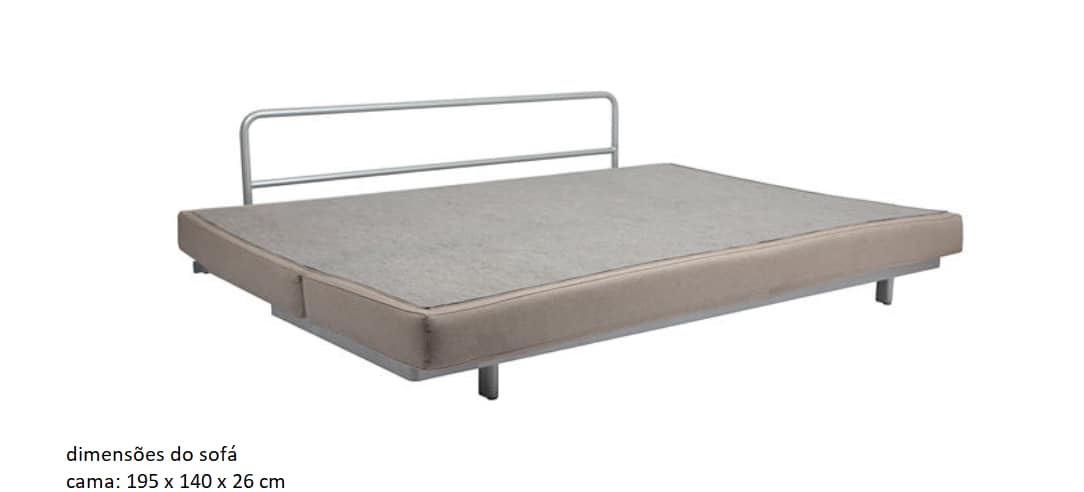 A spacious sofa bed is shown, featuring a minimalist metal frame with a simple design. The upholstery is neutral in color, providing a versatile option for guest accommodations. Dimensions of the bed are indicated for clarity.
