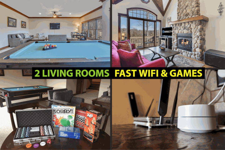 ★2 Living Rooms both with Smart TVs w/ DirecTV, Netflix etc.  The downstairs living room has a pool table, poker table, and NES w/ 621 games including the original Mario Brothers.  Google Wifi Mesh Network for strong wifi in every room.★