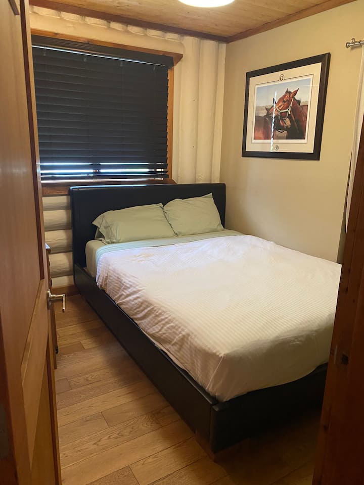 Vårt Arbutus sovrum med queen size minnesskummadrass, med utsikt över vårt underbara Arbutus träd och västkusten omgivning.