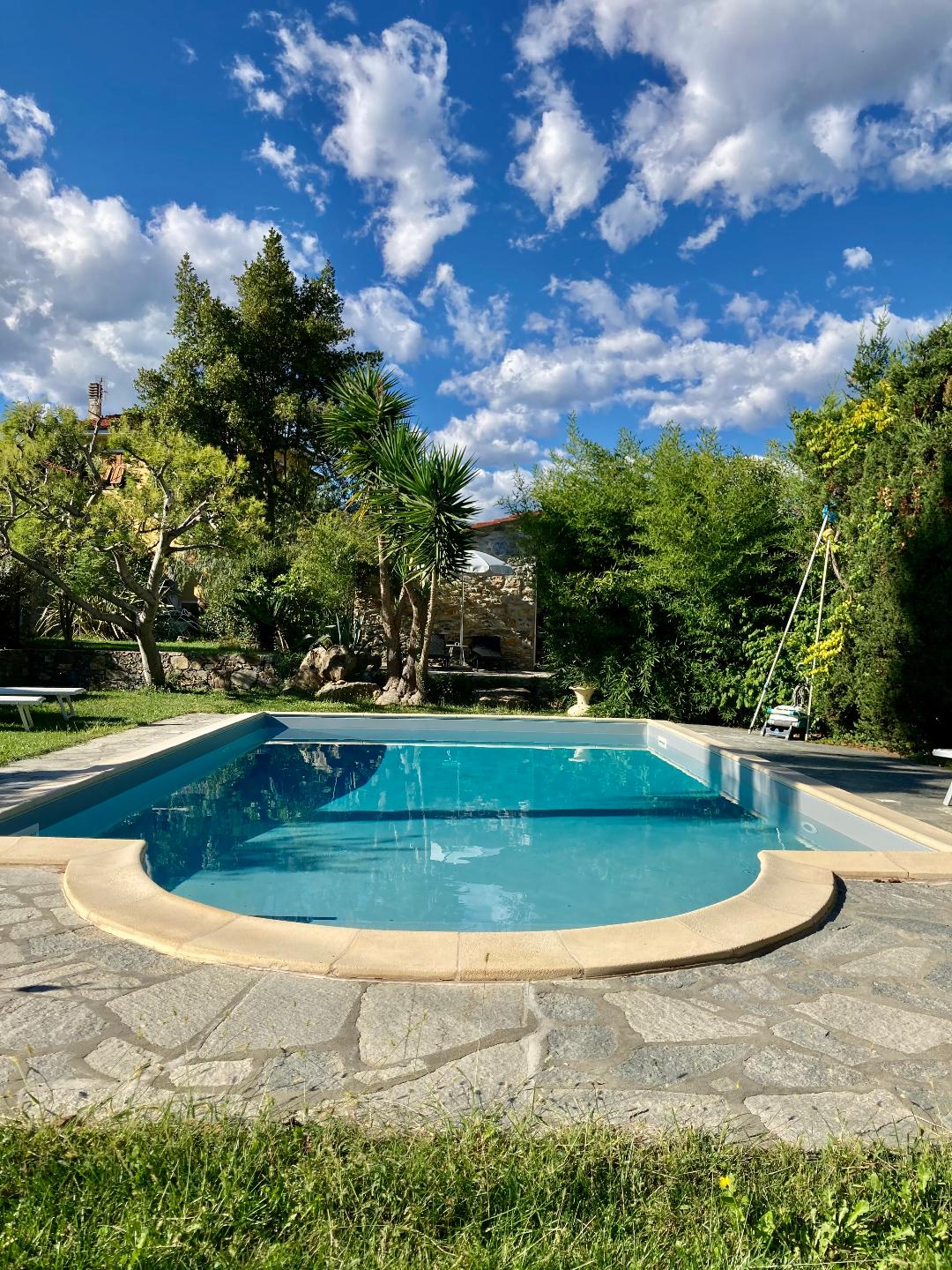 The pool area is surrounded by lush greenery and features a stone patio. A vibrant sky filled with clouds enhances the outdoor setting. The pool has a light blue hue, and sunbeds are positioned nearby for relaxation.
