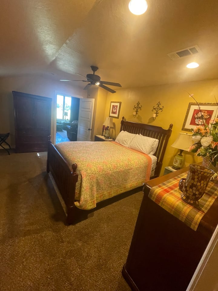 Master bedroom with plenty of storage, private bathroom, and TV.