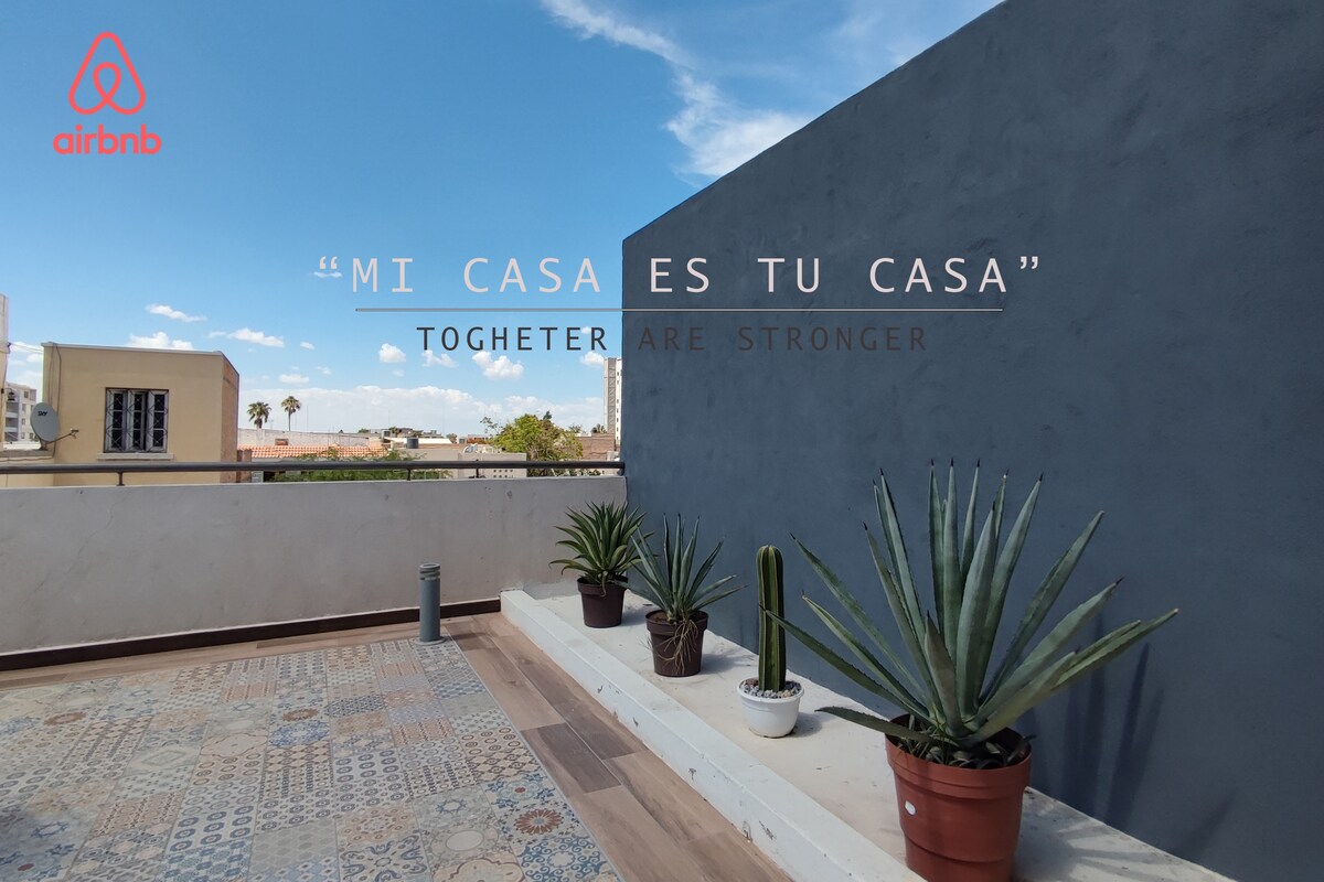A modern terrace is presented, featuring decorative plants in planters along a tiled wall. The spacious outdoor area is bathed in natural light, with a clear blue sky visible above, adding to the serene environment.