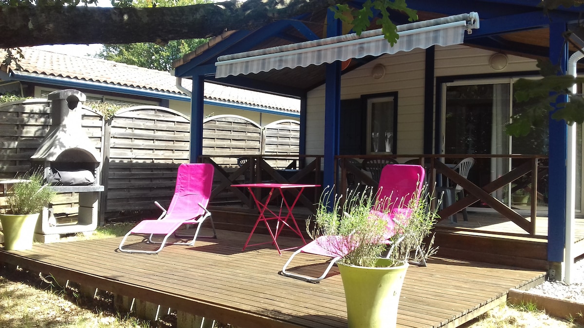 A wooden deck is featured in front of the chalet, adorned with two pink lounge chairs and a small red table. Potted plants add greenery, while a shaded area is provided by an overhead awning. A barbecue grill is visible in the background.
