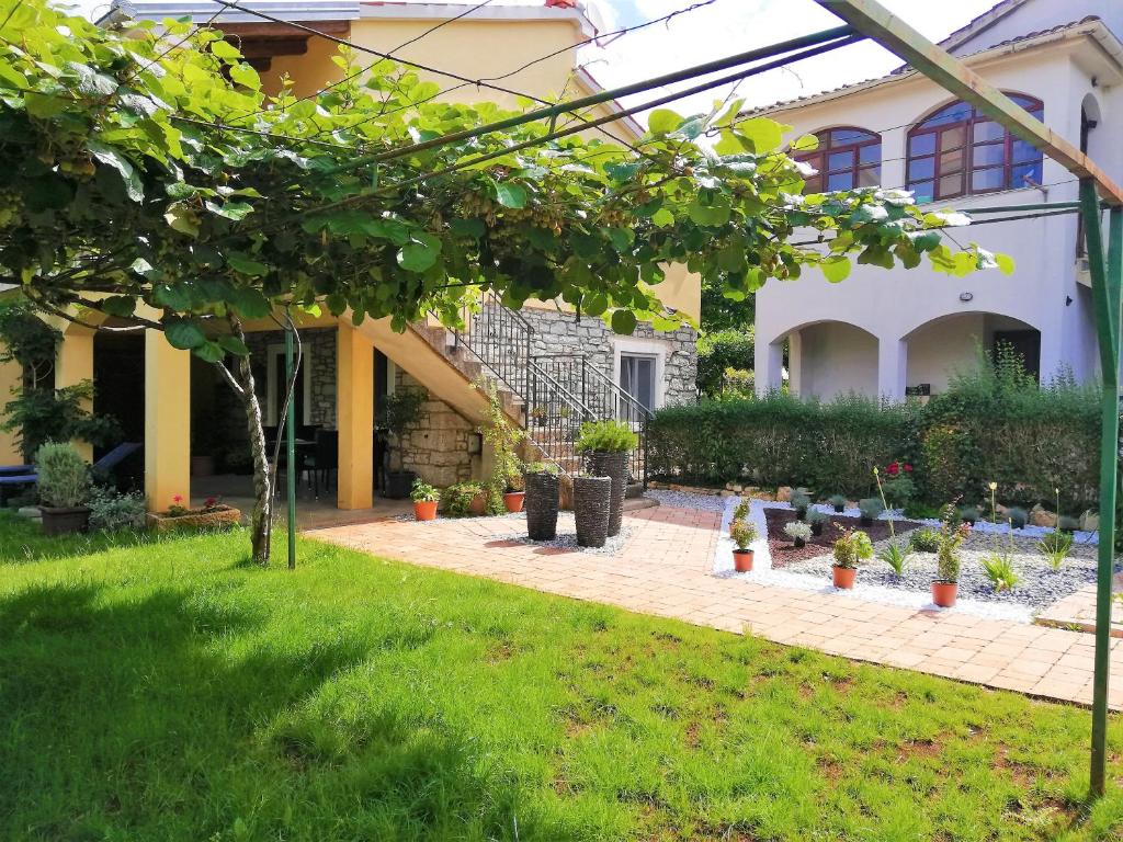 A lush garden space is shown, featuring green grass and various plants in decorative pots. A terrace is visible beneath a canopy of vines. The area is paved with tiles, dividing the garden from the surrounding greenery and providing a tranquil setting.