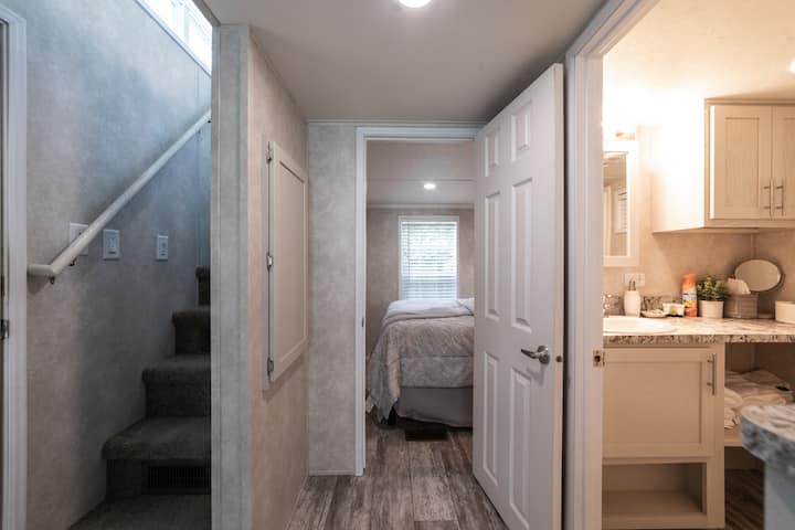 Stairwell, Bedroom, and bathroom fit in one shot.