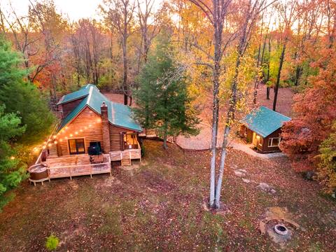 Log Cabin + Guest House on a Pond with Hot Tub