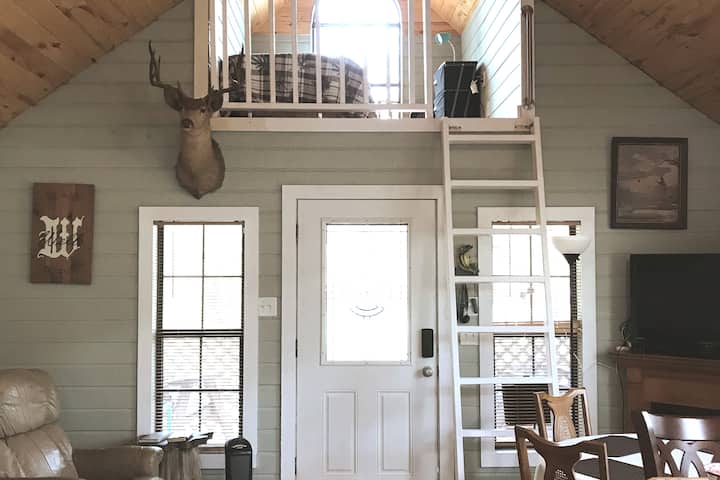 View of the front door of the escape and the metal ladder leading up to one of the two bedroom lofts at the escape.  