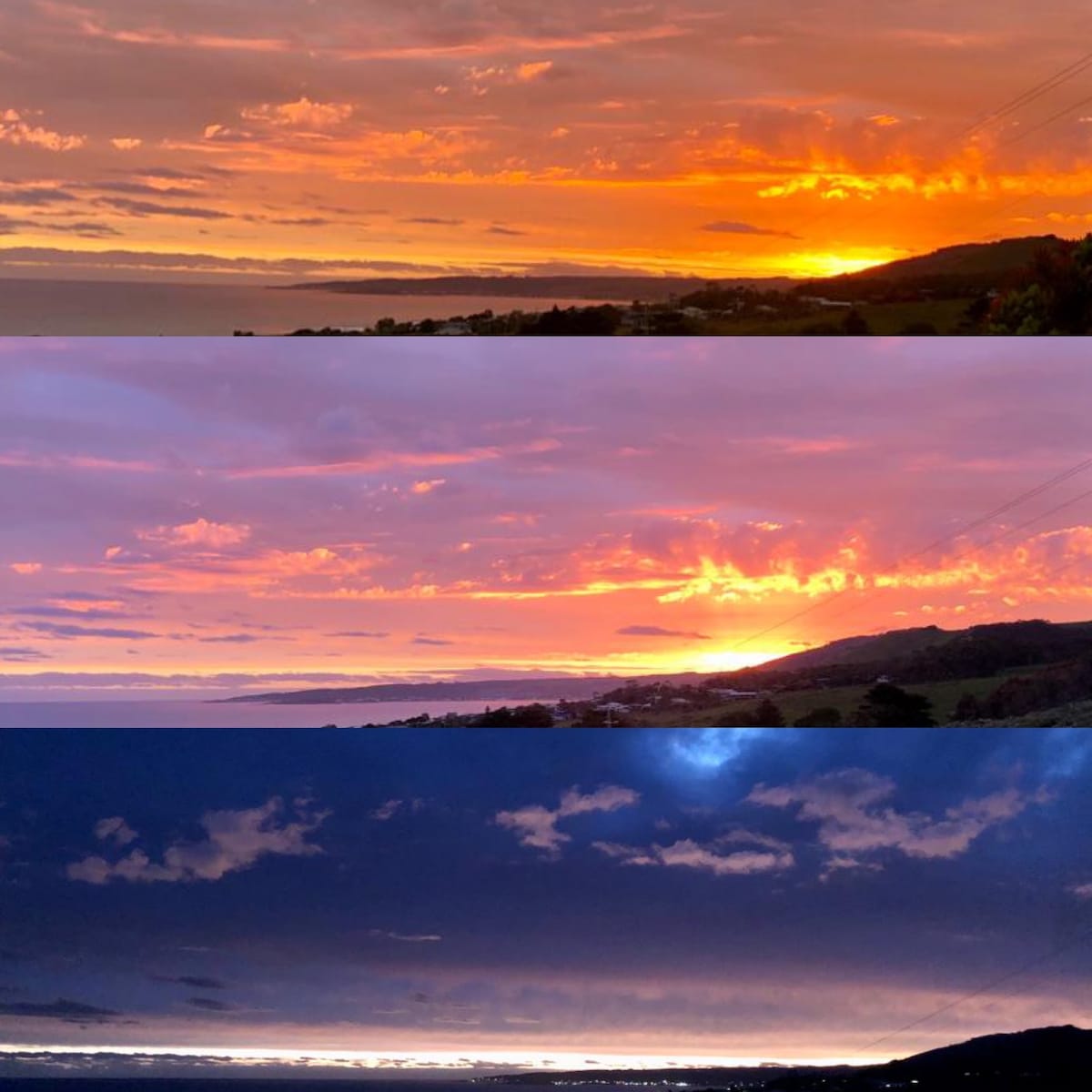 A gradient of colors is displayed across the sky, transitioning from warm oranges and pinks at the horizon to deep blues and purples above. This sunset scene captures the changing light and mood of the evening sky over the ocean, creating a serene backdrop.