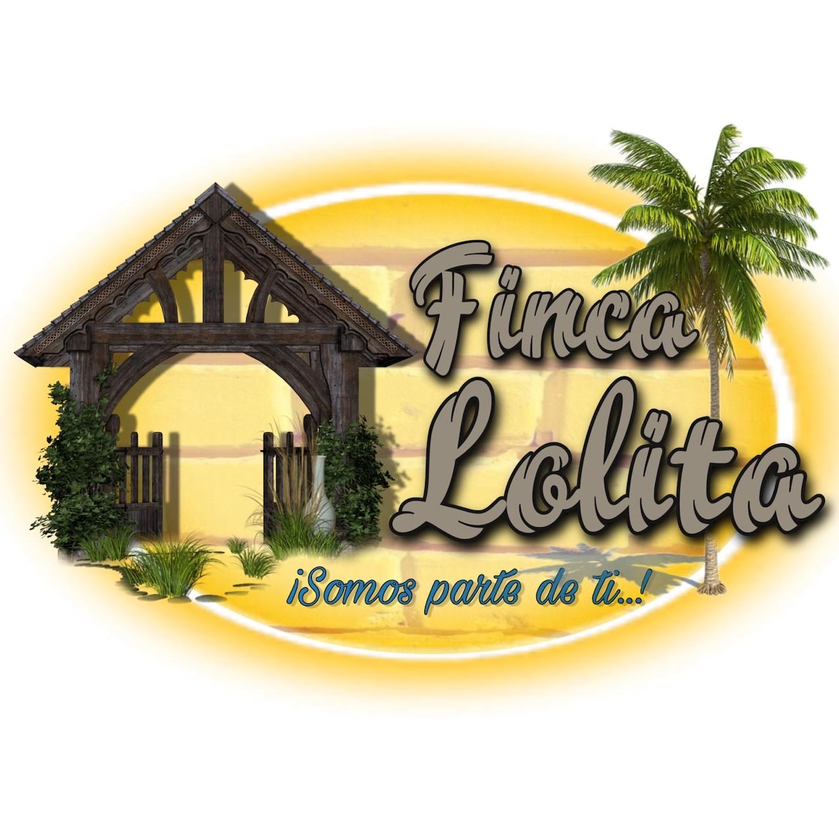 A sign displaying the name 'Finca Lolita' is prominently featured, framed by lush greenery and a tall palm tree. The design reflects a welcoming atmosphere, with a rustic structure depicted in the background, set against a vibrant yellow circular backdrop.
