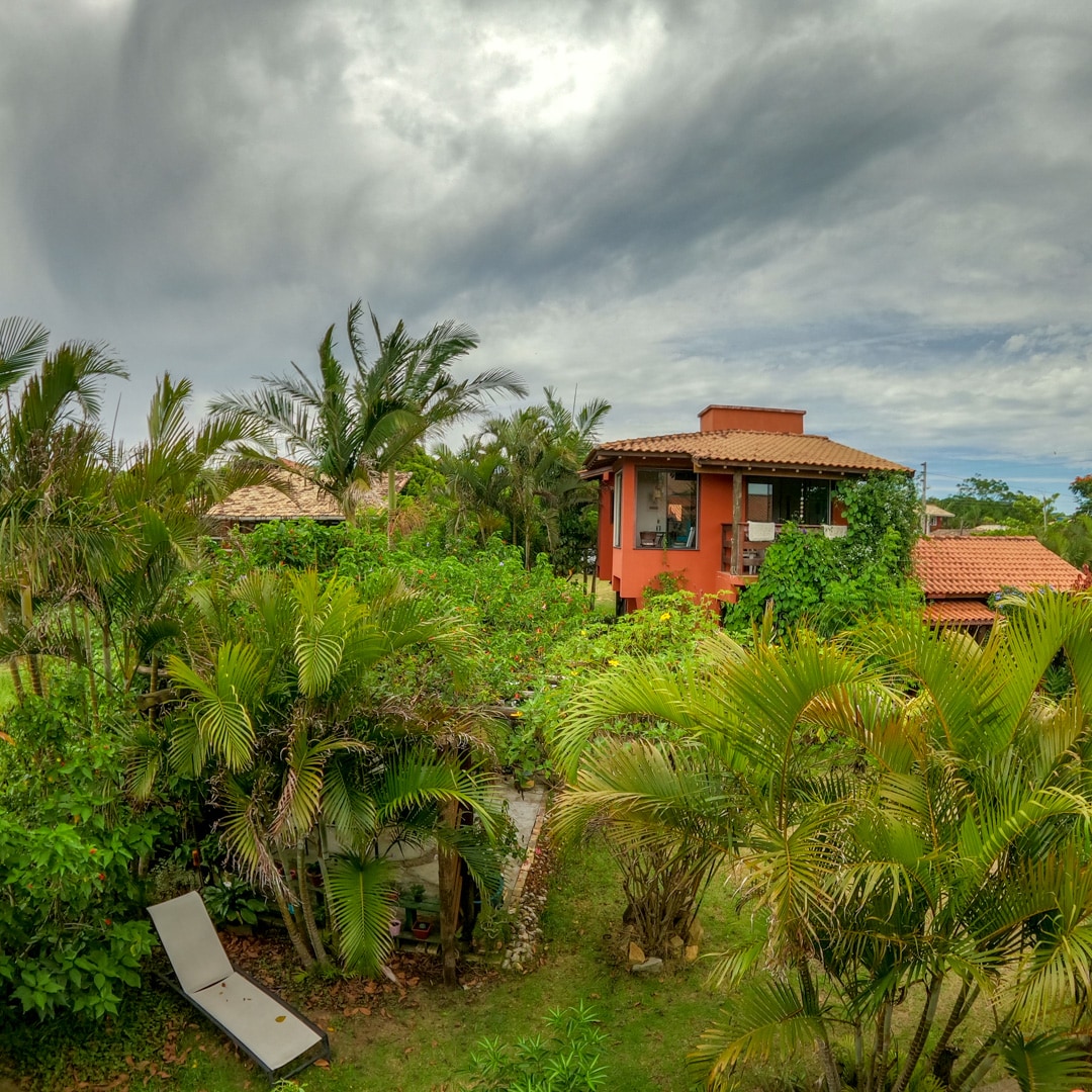 A lush garden area is portrayed, featuring various tropical plants and palm trees. A red-roofed building is visible in the background, complemented by a grass pathway that leads through the greenery. A sun lounger is situated among the plants, inviting relaxation.