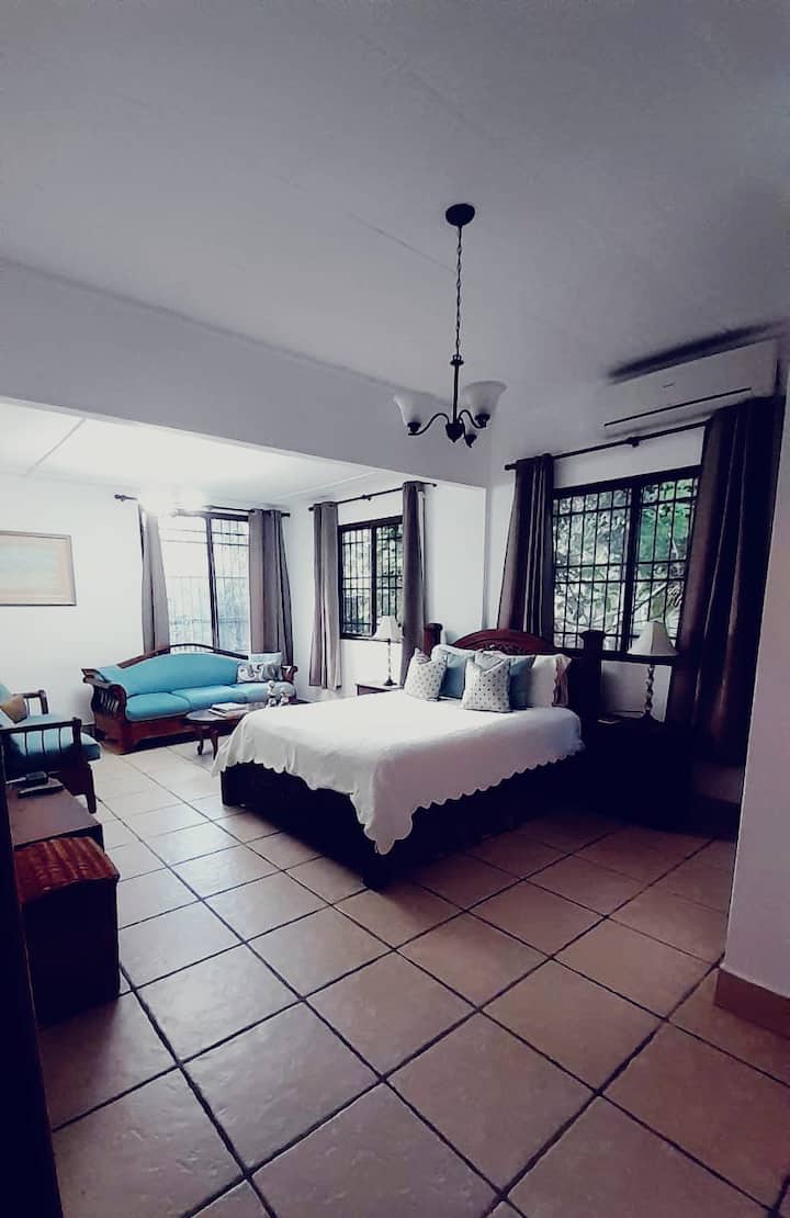 Otra vista del espacio en el dormitorio principal, la misma habitación, solo un juego diferente de edredón.