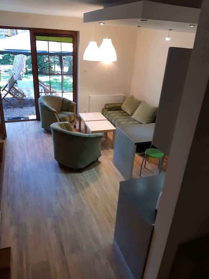 Pogled sa stepenica na dnevni boravak i izlaz na privatnu terasu