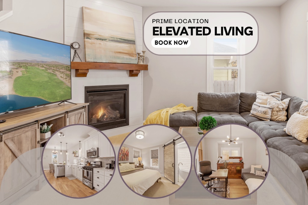 A cozy family room features a large sectional couch and a modern TV mounted above a traditional fireplace. Natural light brightens the space through window treatments, and neutral decor creates a serene ambiance.