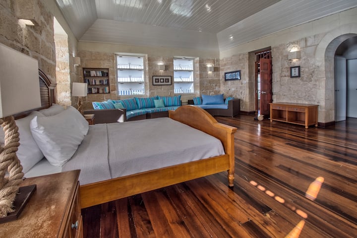 Chumba kikubwa sana cha kulala kina kitanda aina ya king, tembea katika eneo la kabati na bafu la chumbani.