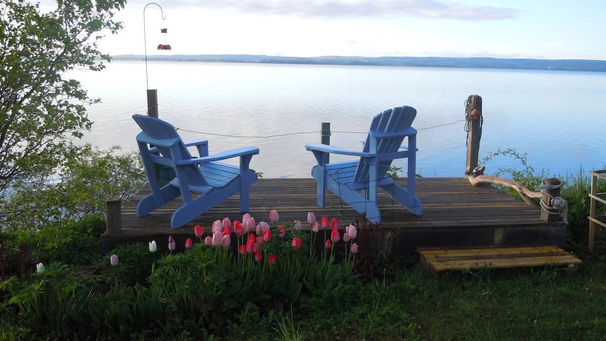 Two blue Adirondack chairs sit on a wooden deck overlooking a calm body of water. Colorful pink and white tulips bloom in a garden, adding a vibrant touch to the serene setting. A bird feeder hangs nearby, enhancing the natural scenery.
