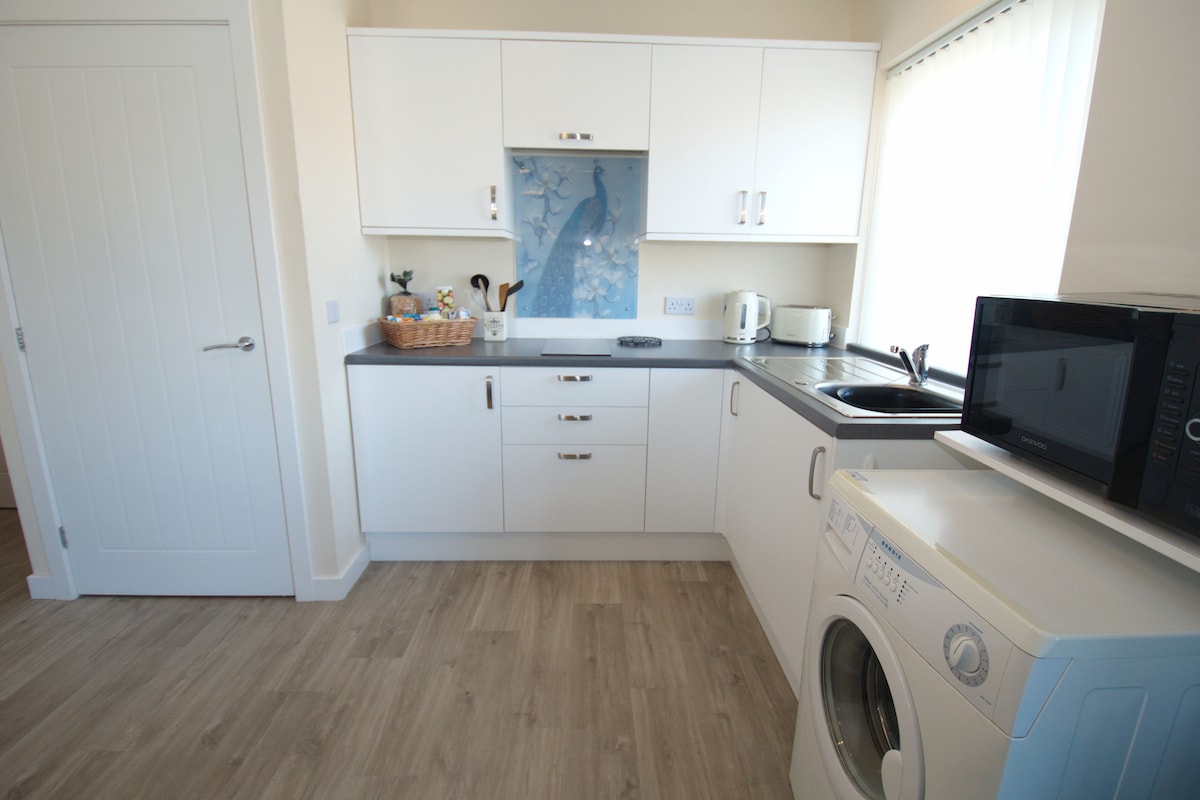 A modern kitchen is equipped with white cabinetry and a sleek countertop. Appliances include a microwave, kettle, and a washing machine. Natural light enters through the window, enhancing the overall brightness of the space, with a decorative backsplash featuring an underwater design.