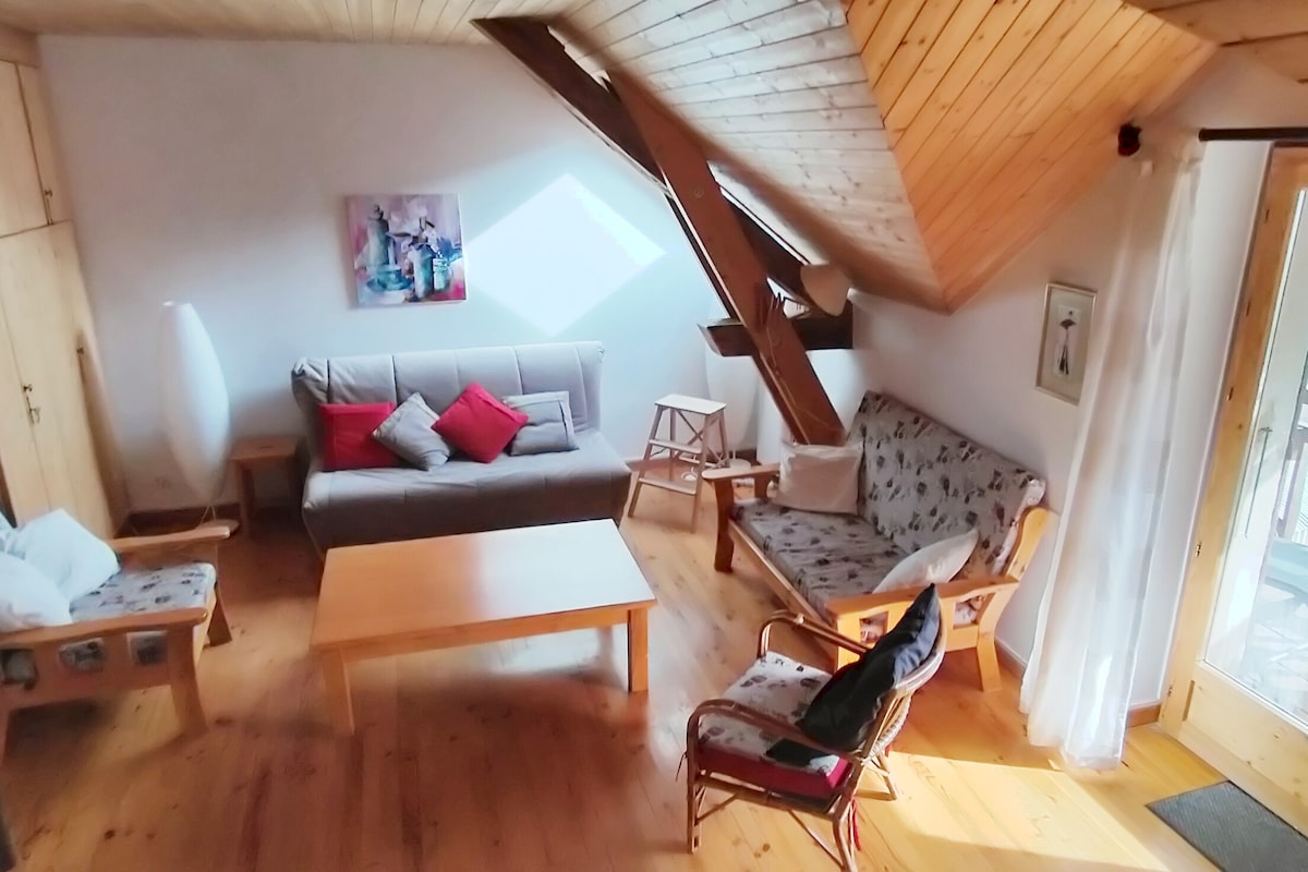 A welcoming living area is highlighted by wooden beams and a light wood floor. A gray convertible sofa is positioned beside a wooden coffee table. Accent pillows in red complement the seating, which includes a floral-patterned armchair and a small chair, alongside large windows that allow ample natural light.
