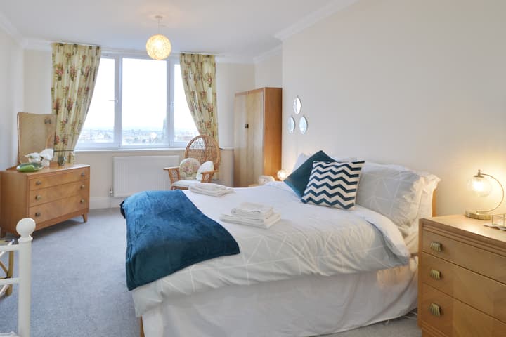 Bedroom two with more fantastic views, double bed and a single bed, all beds have power point and bedside lights