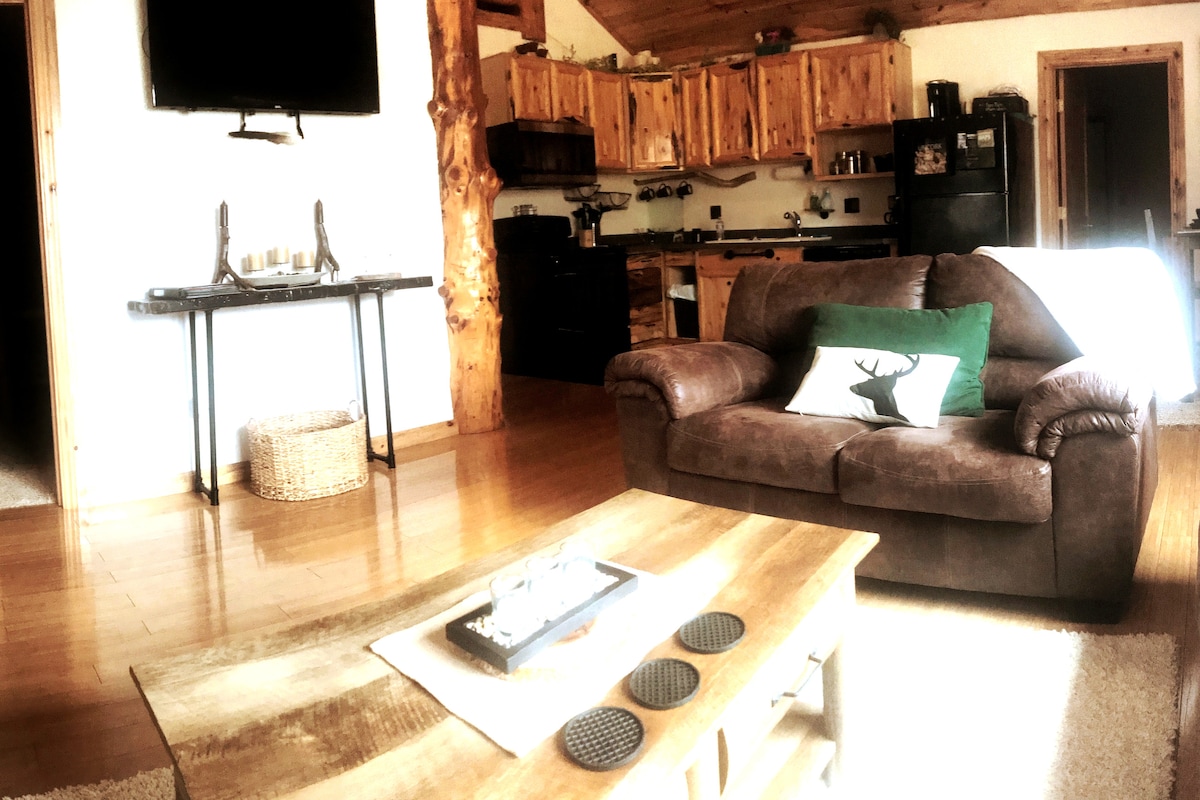 The living area features a brown sofa with a decorative pillow, complemented by a wooden coffee table with coasters. A large flat-screen TV is mounted on a wooden wall, and a rustic dining area with a fully equipped kitchen can be seen in the background.