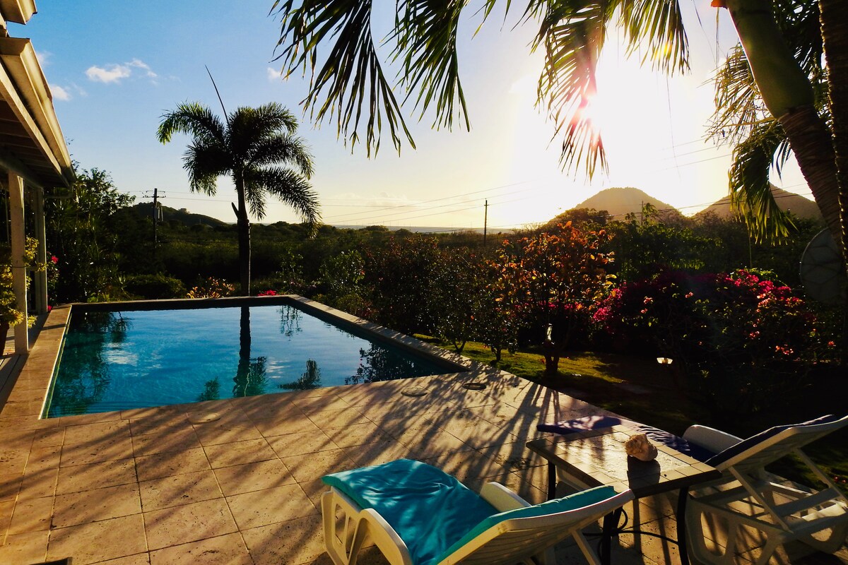 A tranquil private pool reflects the warm glow of the sunset, surrounded by lush tropical gardens and vibrant flowers. Palm trees sway gently in the breeze, enhancing the serene outdoor setting. Lounge chairs are placed beside the pool, inviting relaxation.