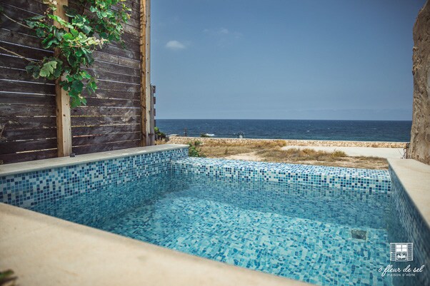 A private plunge pool features vibrant blue mosaic tiles, inviting relaxation. It is framed by natural wood paneling and overlooks a serene sea view. The tranquil surroundings enhance the feeling of seclusion, with grassy areas and the ocean visible beyond.